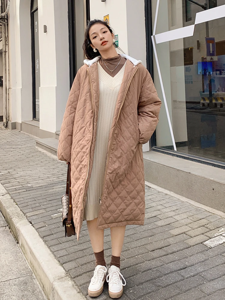

Women's Winter Jacket Super Hot Fashion Long Khaki Parkas Coat Hooded Warm Plaid Top Casual Streetwear Quilted Coats Female