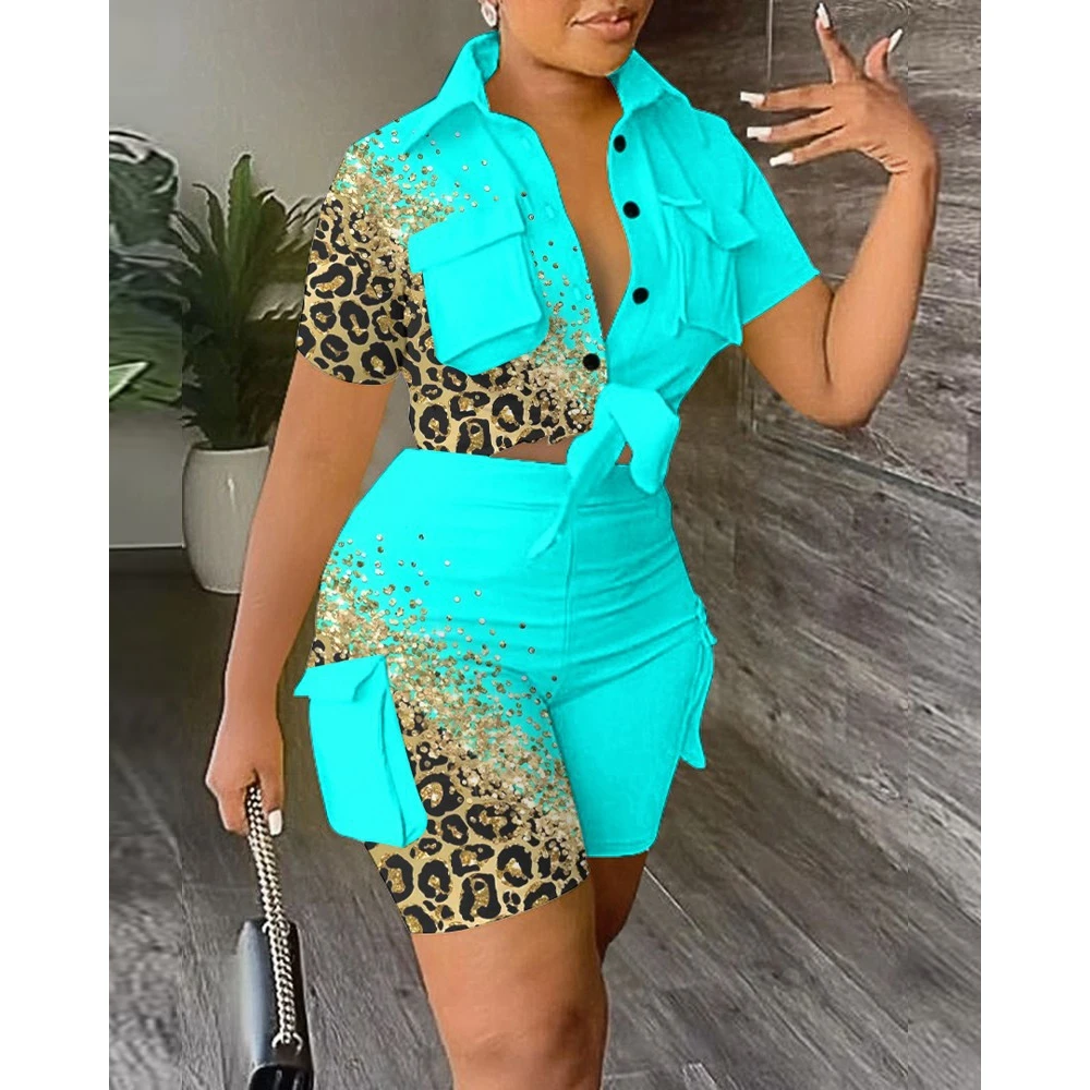 Casual Summer Women Leopard Print Pocket Buttoned Design Top & Shorts Sets Short Sleeve 2 piece Suit Sets Outfits Streetwear