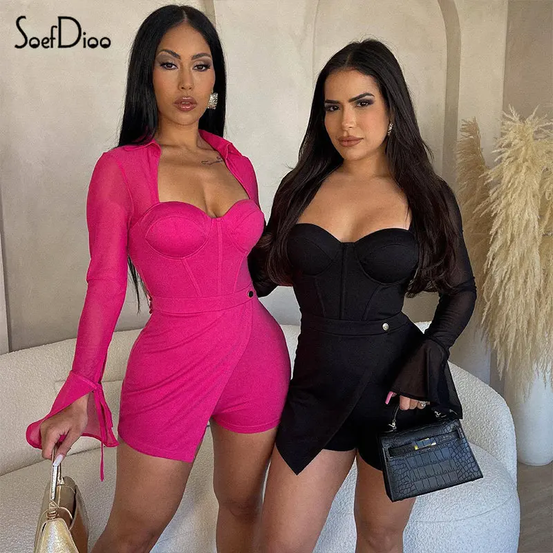 

Женский сетчатый комбинезон Soefdioo, комбинезон с отложным воротником и расклешенными рукавами, летний слитный комбинезон с асимметричным вы...