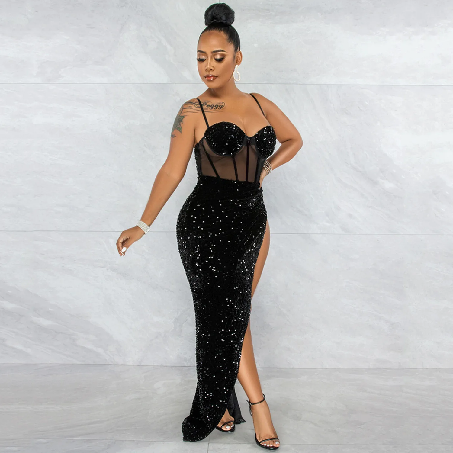 Women Mesh Patchwork High Side Split Sequin Bodycon Midi Backless Maxi Long Dress Sexy Night Party Spaghetti Strap Dress