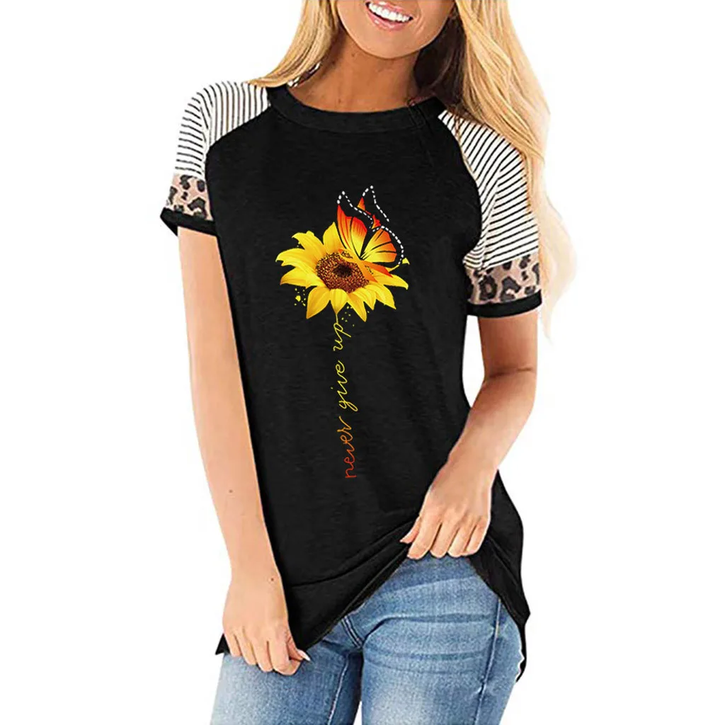 

Women SunFlower Leopard Short Sleeves O-neck Printed Casual Tops T-shirt