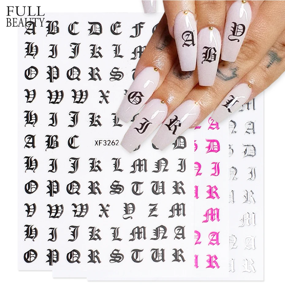 3D Nail Art Stickers Gothic Letter Black Gold Cool Design Alphabet Adhesive Slider Nail Inscription Manicure Decoration CHXF3262