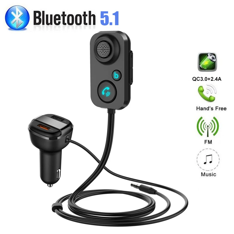 

Car Bluetooth 5.1 FM Transmitter Handsfree Bass MP3 Player Dual USB QC3.0 2.4A Fast Charger 3.5mm AUX Audio Receiver Car Kit