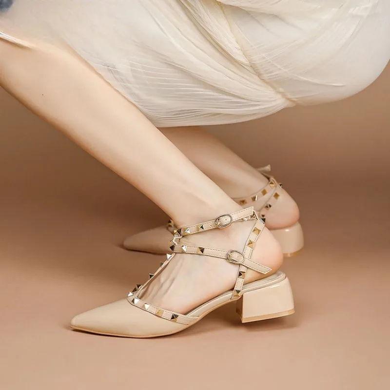 Новые остроносые сандалии для женщин летом туфли на среднем каблуке с шипами