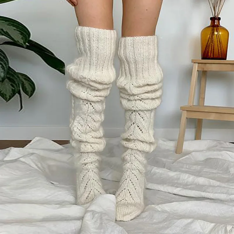 

Warm Winter Knitted Knee Long Socks Color Socks Solid Home Long Wool Hollow The Mesh Stacked Women Socks Over Warmers Leg