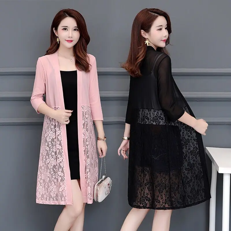 

2022 Women Thin Long Coat Female Casual Lace Bow Summer Sun Protection Clothes Ladies Cardigan Shirt Clothing Tops Blouse A16