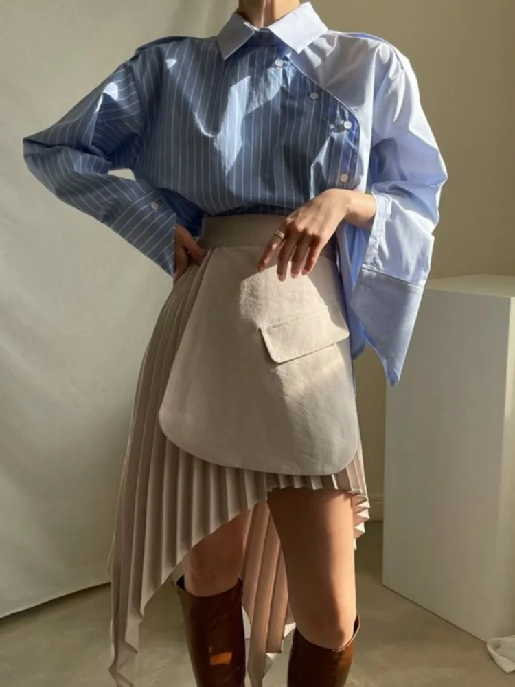 

Spring Autumn Chic Irregular Patchwork Single Breasted Blouse Vintage Striped Long Sleeve Shirt Korean Casual Loose Top OL