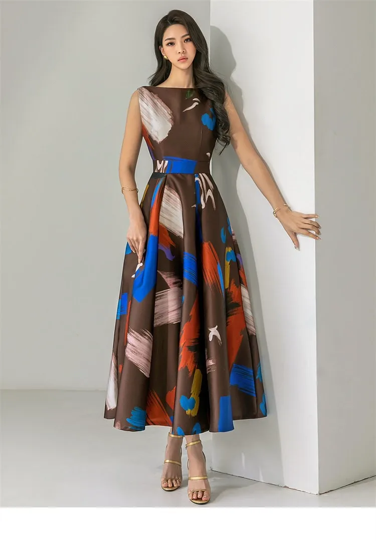 Women Elegant Dress O-Neck Long Korean Retro Sleeveless Printing Vestidos Fashion Slim Big Swing Party Casual Dress