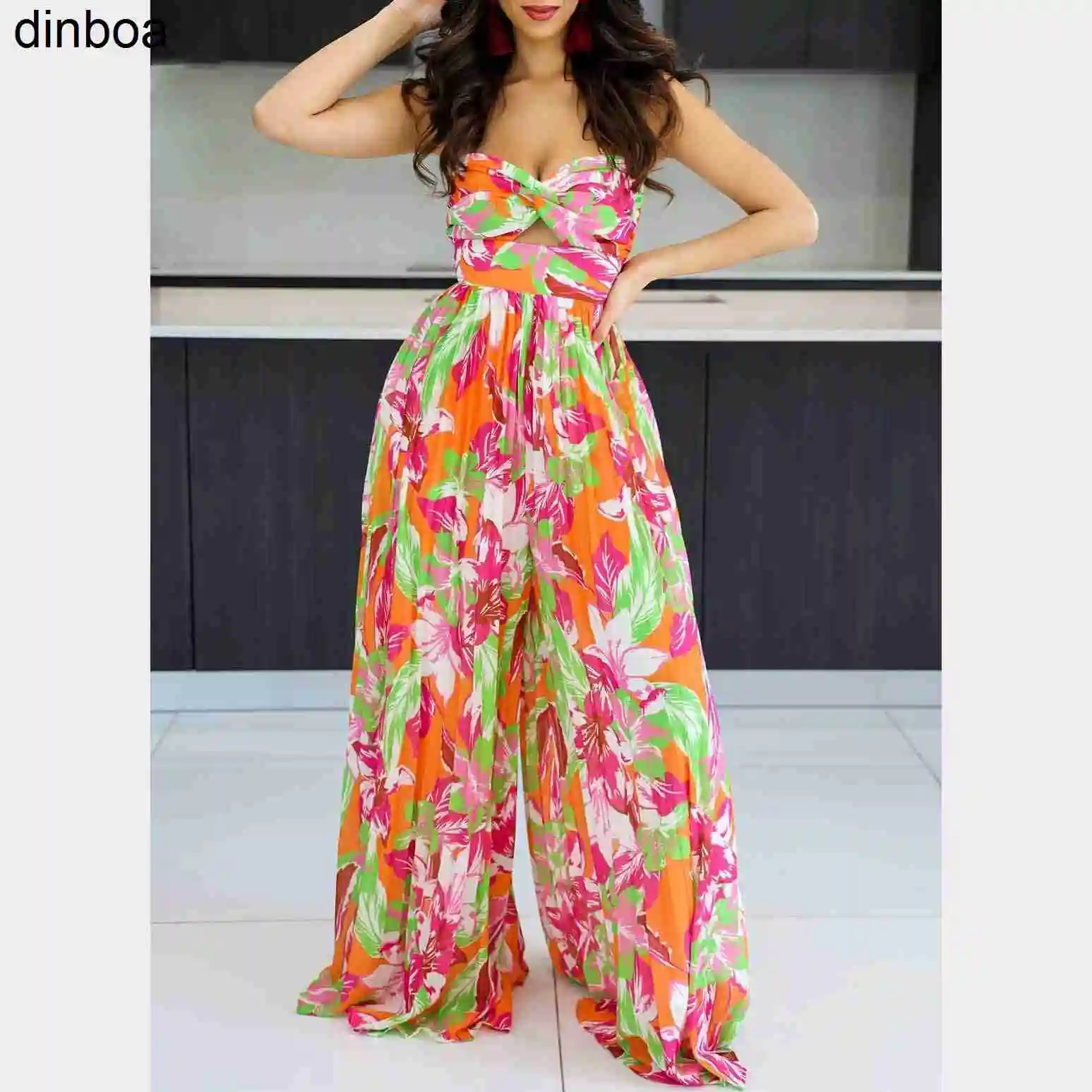 

Dinboa-2023 Women Casual Summer Strapless Floral Print Jumpsuits