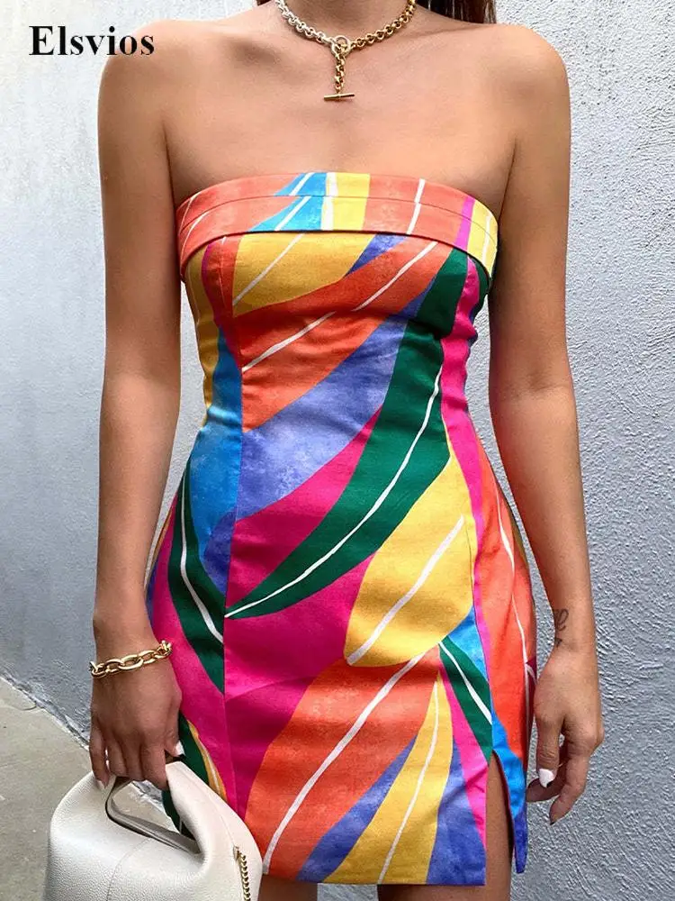 

Women Sexy Off Shoulder Slit Slim Party Dress Summer Sleeveless Strapless Beach Dress Elegant Flower Print Bodycon Mini Dresses