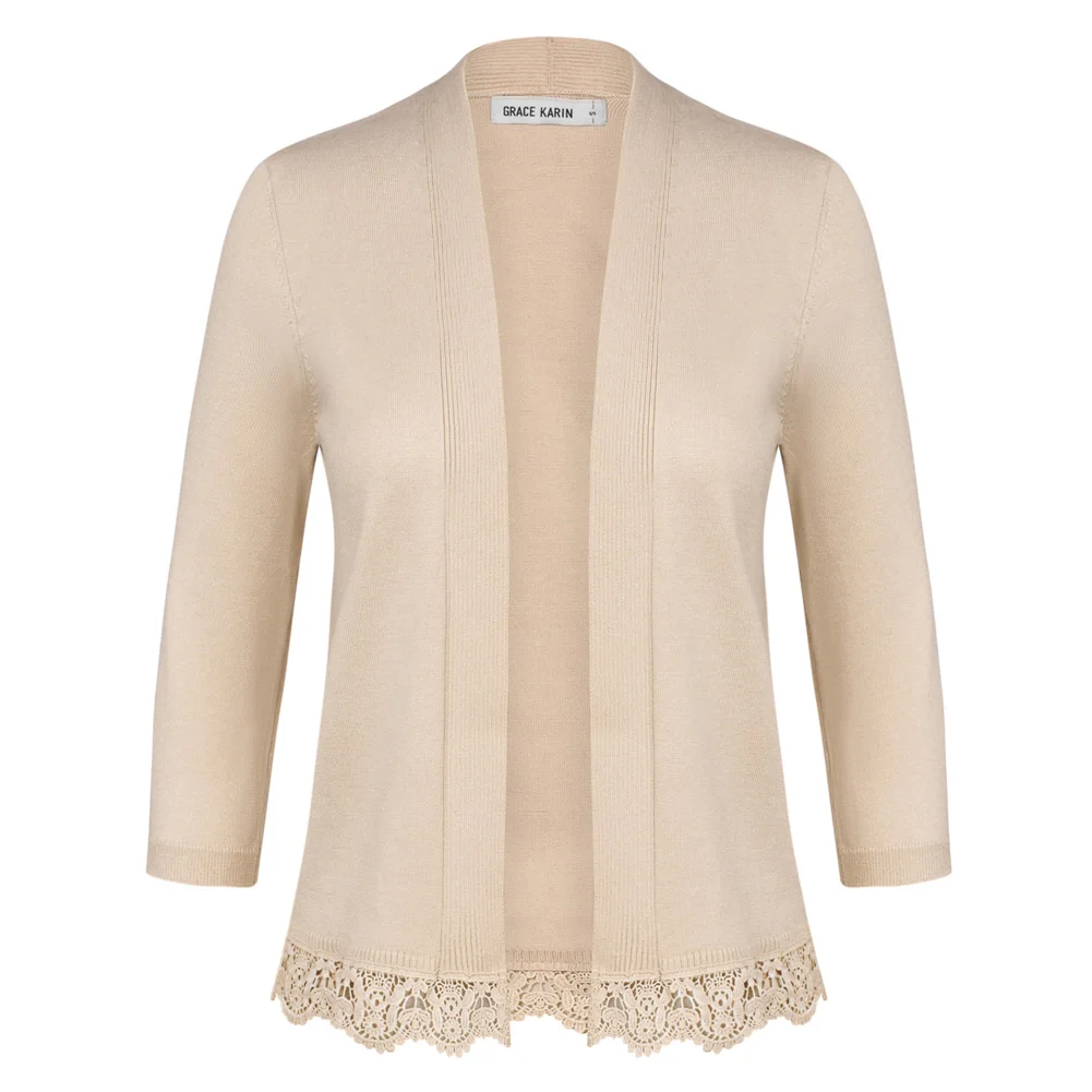 Женский трикотажный кардиган с кружевным подолом и рукавом 3/4