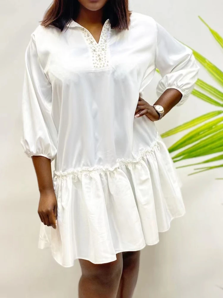 

Women Loose Dress V Neck Turn Down Collar Ruffles Beading Large Size Ladies Oversized African Female Robes Elegant Office Robes