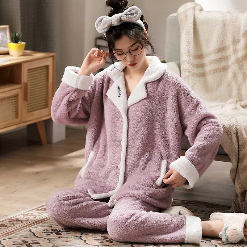Women's Fuzzy Flannel Casual Pajamas Suit Long Sleeve Fleece Shirt and Pants Set 2 Piece Thick Warm Fluffy Loungewear Sleepwear