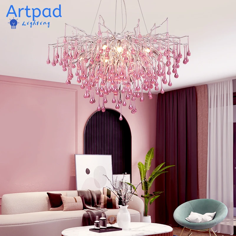 

Pink Crystal Chandelier Lighting Room Decoration Colorful Children's Room Lamp Large Chandelier Nordic Luxury Girl Room Decor