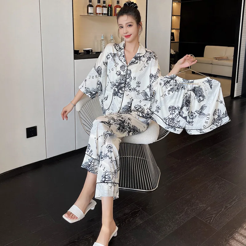 2023 New Ice Silk Pajamas Three Piece Set Women's Summer Thin Short Sleeve Set Spring and Autumn Large Homewear