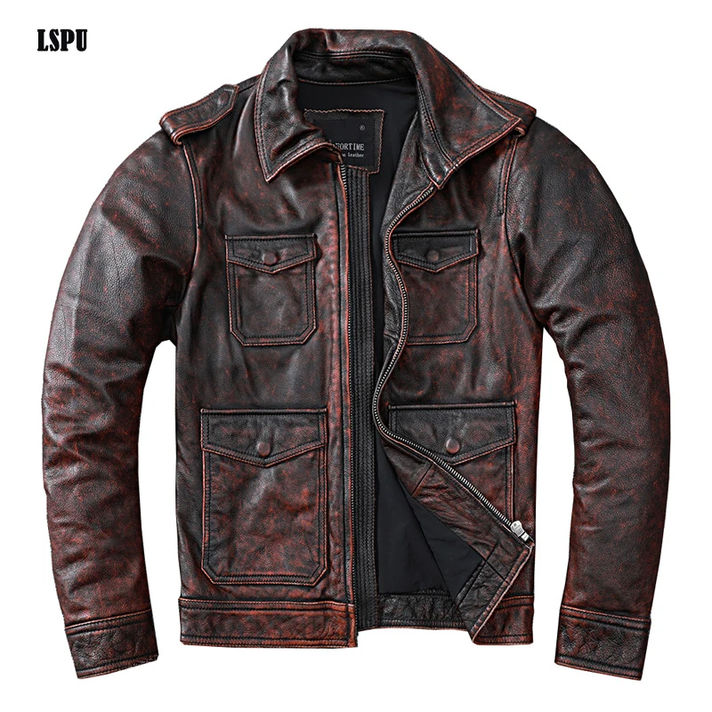 

Куртка мужская из натуральной коровьей кожи, Модный Роскошный топ, Байкерская мотоциклетная куртка-бомбер, красно-коричневая, на осень