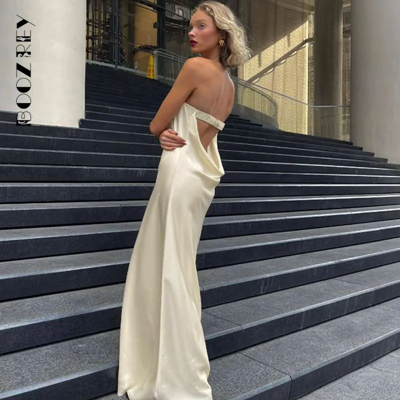 Пикантное однотонное платье миди BoozRey без бретелек с открытой спиной для женщин