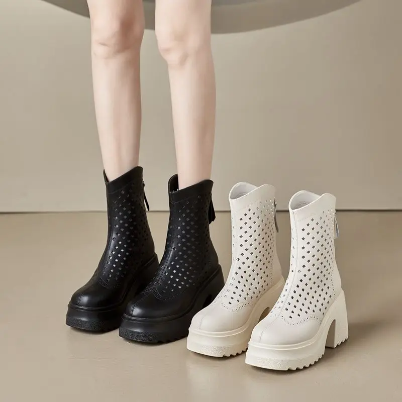 New Genuine Leather Mid Calf Boots Platform Hollow Fashiong Heels Booties Summer Sandals Females Women Boots Long Tube Shoes