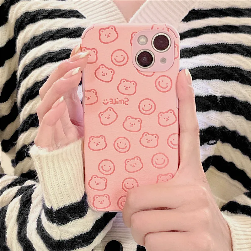

13 Pro Case Cute Bear Smile Face Leather Silicone Soft Back Cover for iPhone 11 12 Pro Max XR X XS 7 8 Plus SE 2020 Lens Cover