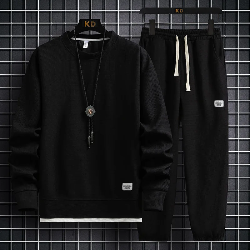 Spring 2023 New round Neck Waffle Sweater Suit Men's Loose Fashion Casual Pants Sports Two-Piece Long-Sleeved Trousers