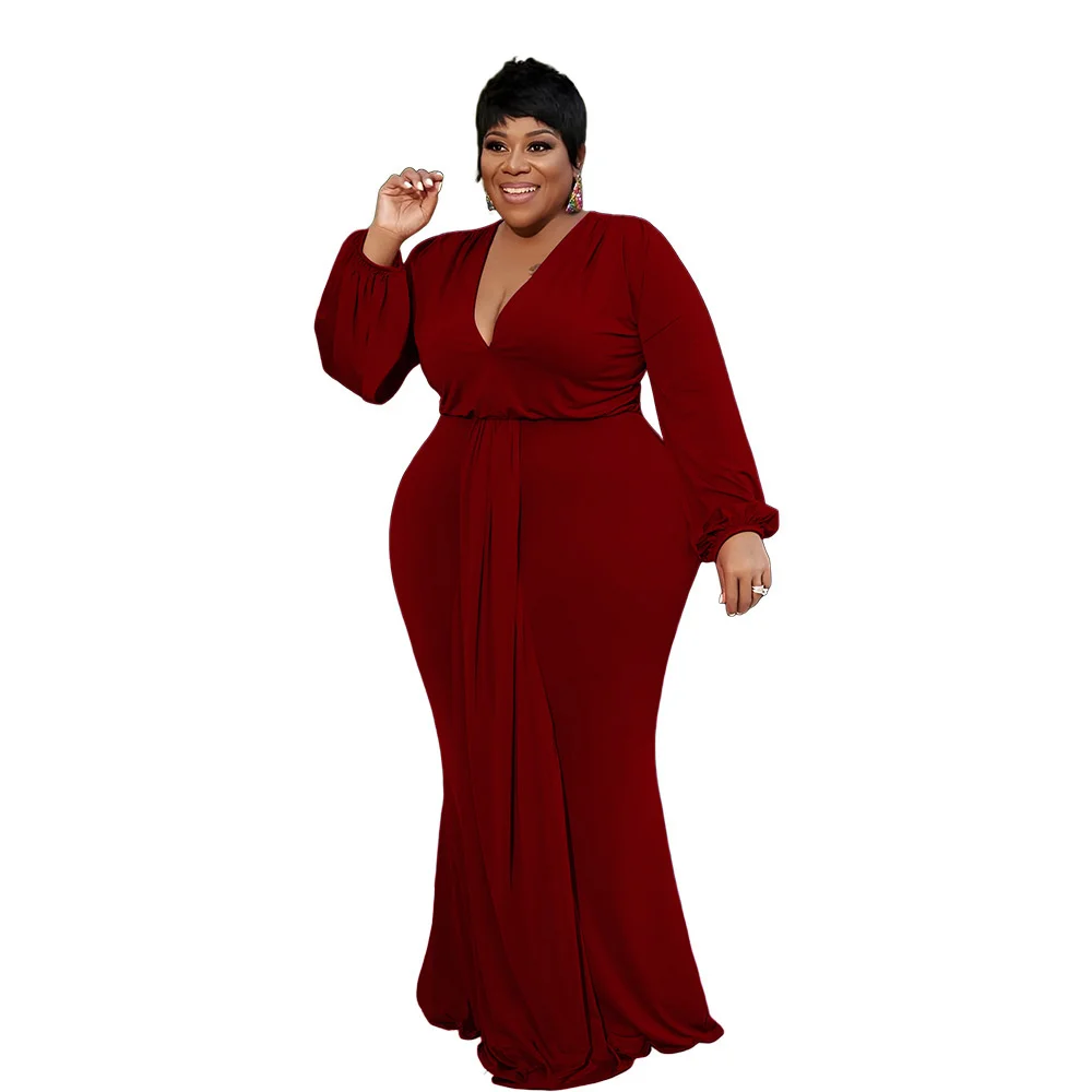 Plus Size Autumn Elegant Clothes Mermaid Maxi Long Dresses Women Solid Color Full Sleeve Dress Whol 3xl 4xl 5xl 6xl