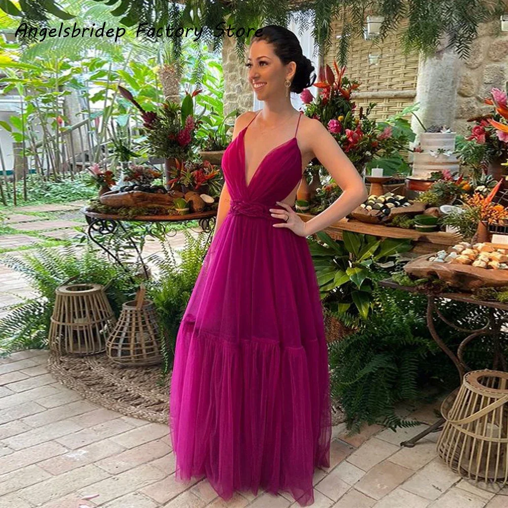 

Arabic Tulle Evening Dresses Beach Spaghetti Straps Tiered Celebrity Wedding Party Dress Prom Gowns Robe Soiree