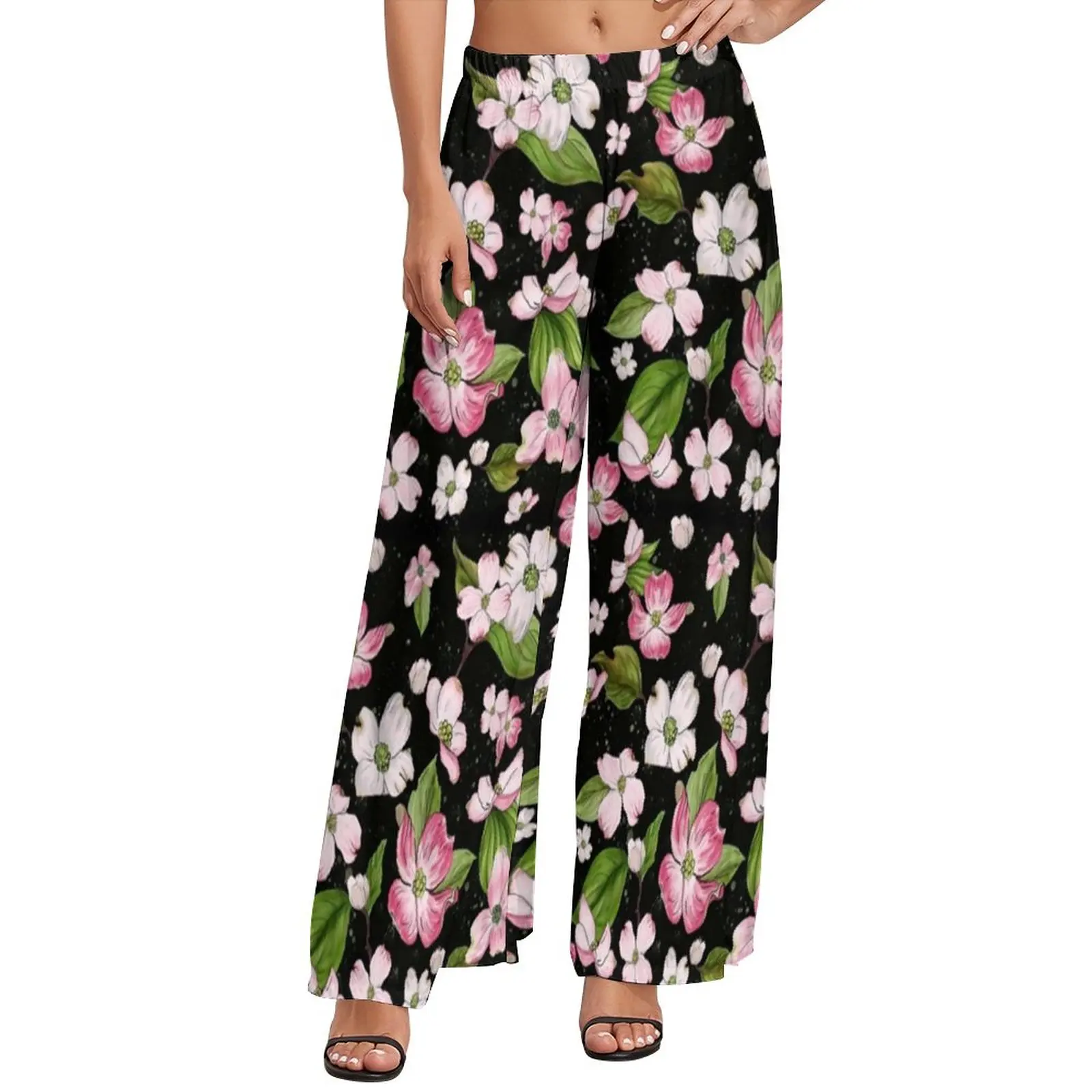

Green Leaves Pants Female Dogwood Flower Print Streetwear Trousers Elastic Waist Casual Wide Leg Pants Gift
