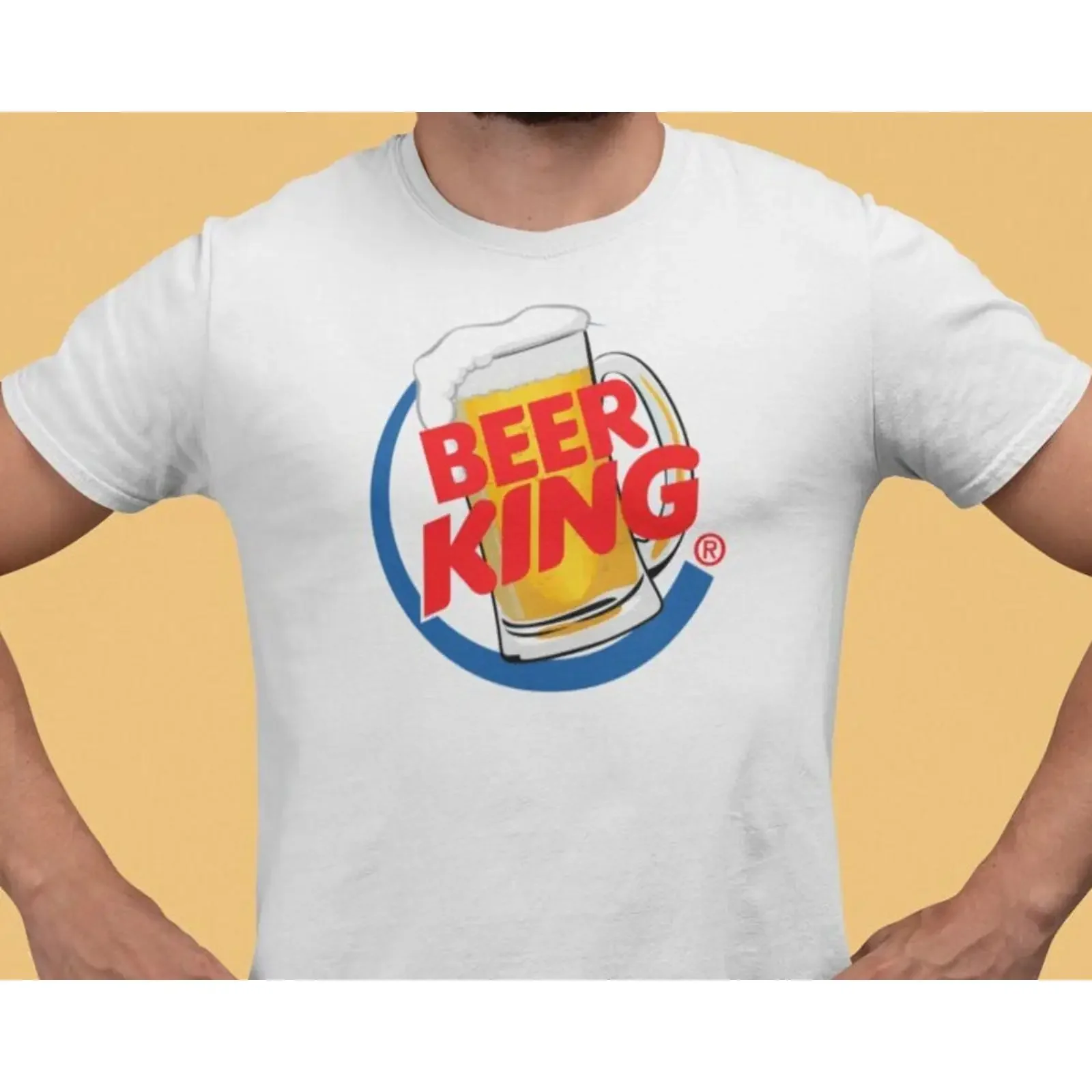 Фото Футболка Beer King Burger Parody, забавная, с логотипом фастфуда, для любителей, повседневная, для энтузиастов, винтажная, слегка мягкая, мужская. №1