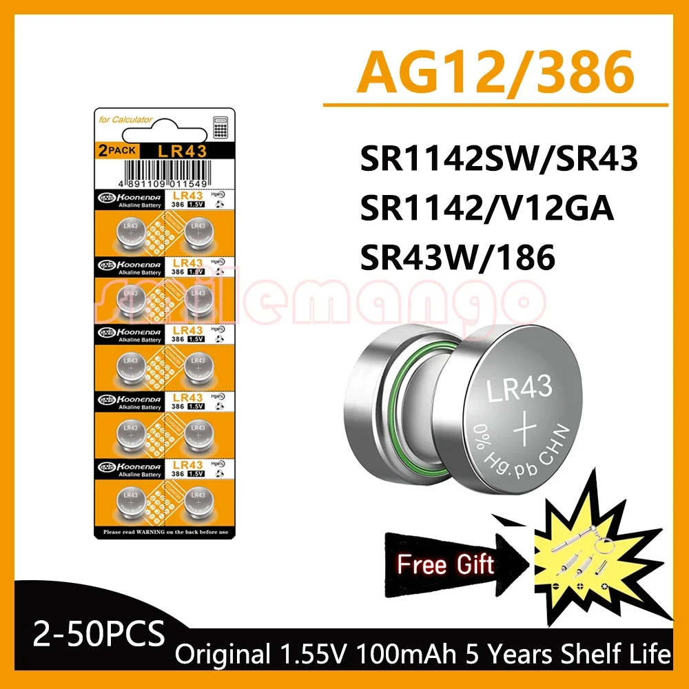 Фото 2-50 шт., Литиевые кнопочные батарейки 1,55 в AG12 LR43 100 мАч, SR43 386 LR1142 V12GA AG 12 SR43W SR1142 №1