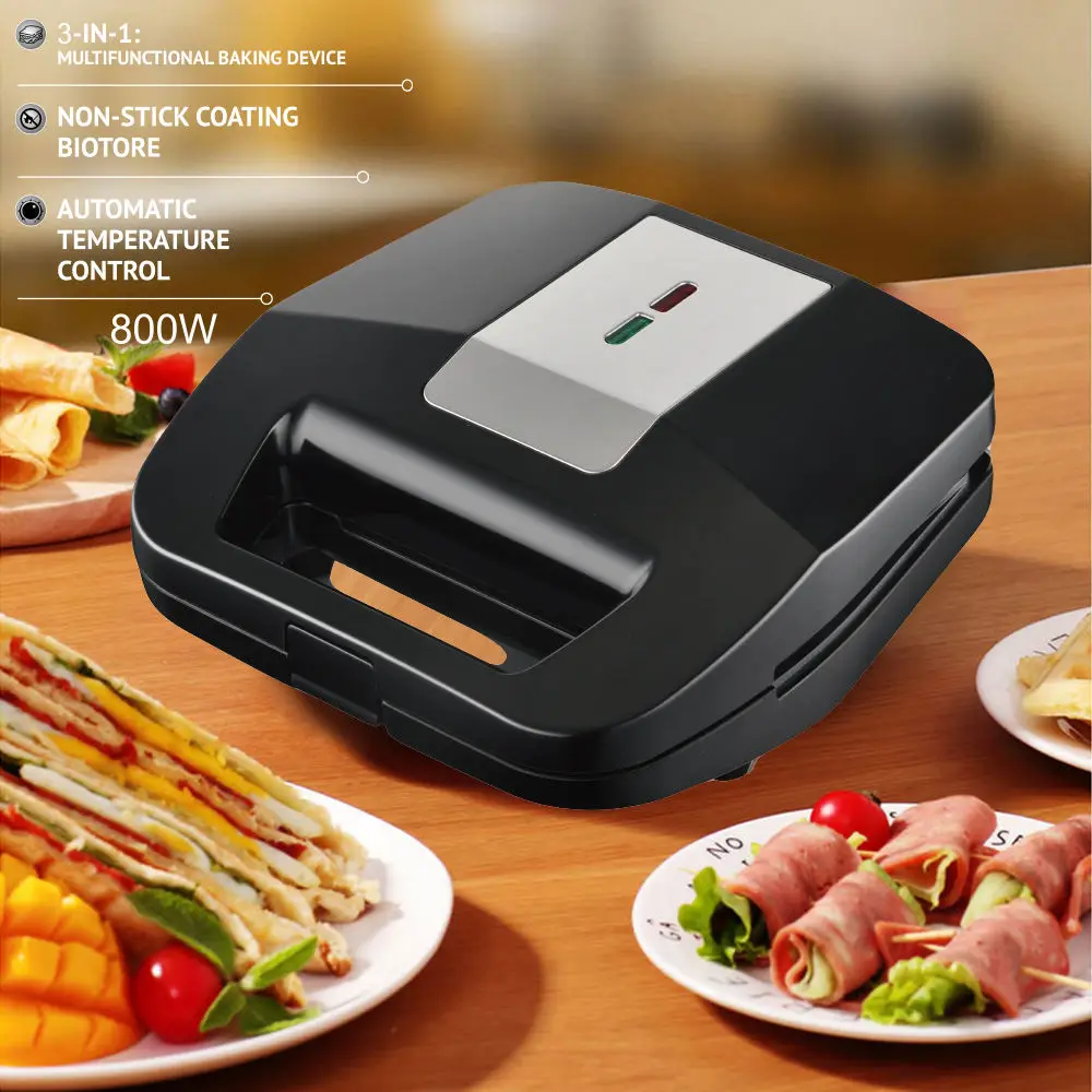 3-in-1 Sandwich Maker, 800W Electric Panini Grill Toaster with Non-stick Plates, Indicator Light, Easy To Clean and Store