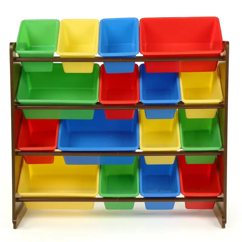 

Walnut Toy Storage Organizer with 16 Multi Colored Plastic Storage Bins