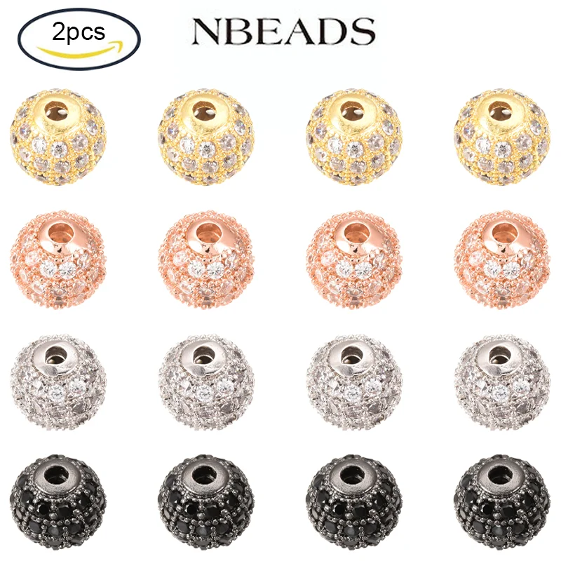 

2PCS 4 Color Brass Micro Pave Cubic Zirconia Beads Round Bead Clear Golden 10mm for Jewelry Making Diy Charms Bracelet