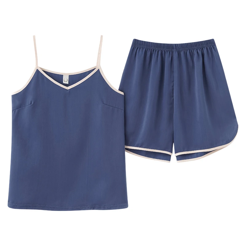 CAIYIER Summer Silk Pajamas Set Pure Color Sleeveless Strap Nightwear Cami Top + Shorts Sexy Lingerie Sleepwear For Women M-4XL