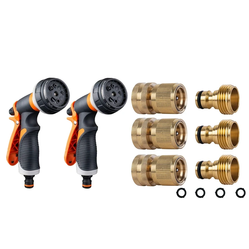 

2 Pack Garden Hose Nozzle, 8 Adjustable Hose & 1 Sets Garden Hose Quick Connect Solid Brass Quick Connector Garden Hose Fitting