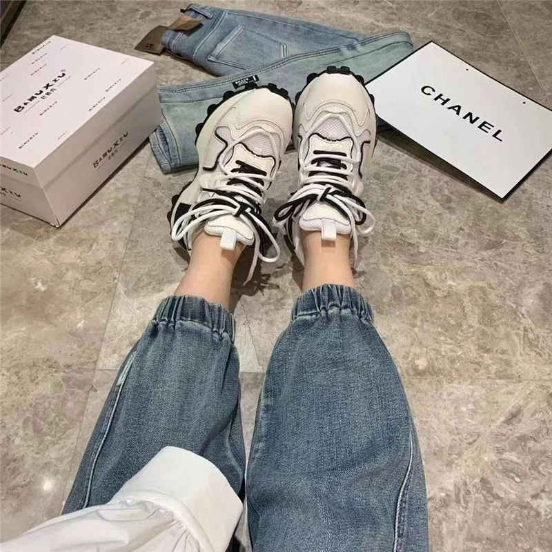 Mesh Sneakers Spaceship Women Thick Sole Flat Daddy Shoes Height Increasing Lace Up Platform Women's Sports Shoes
