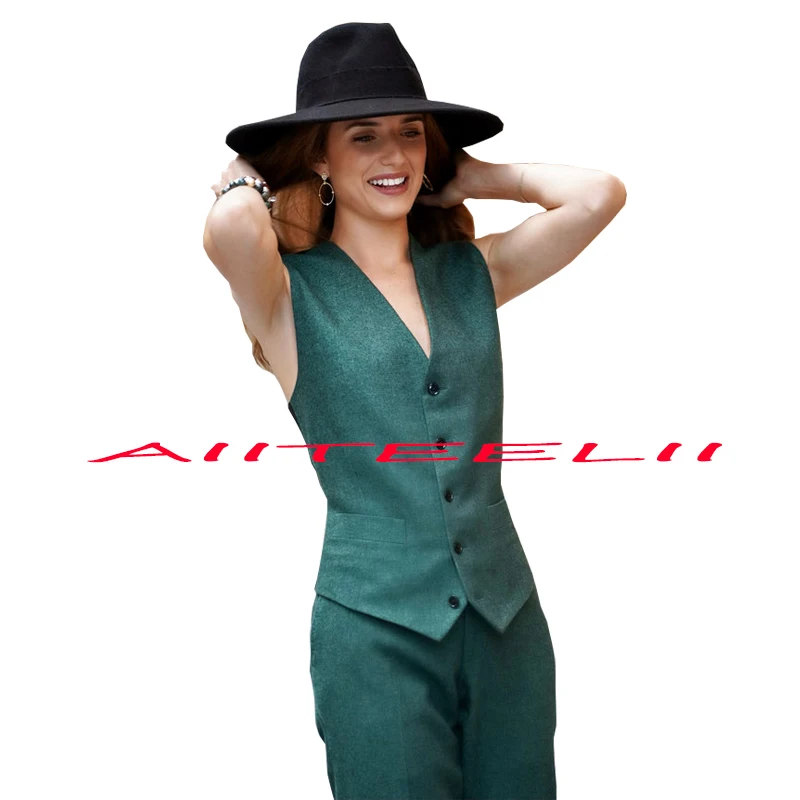 Женский брючный костюм жилет и брюки с V-образным вырезом на 4 пуговицах деловая