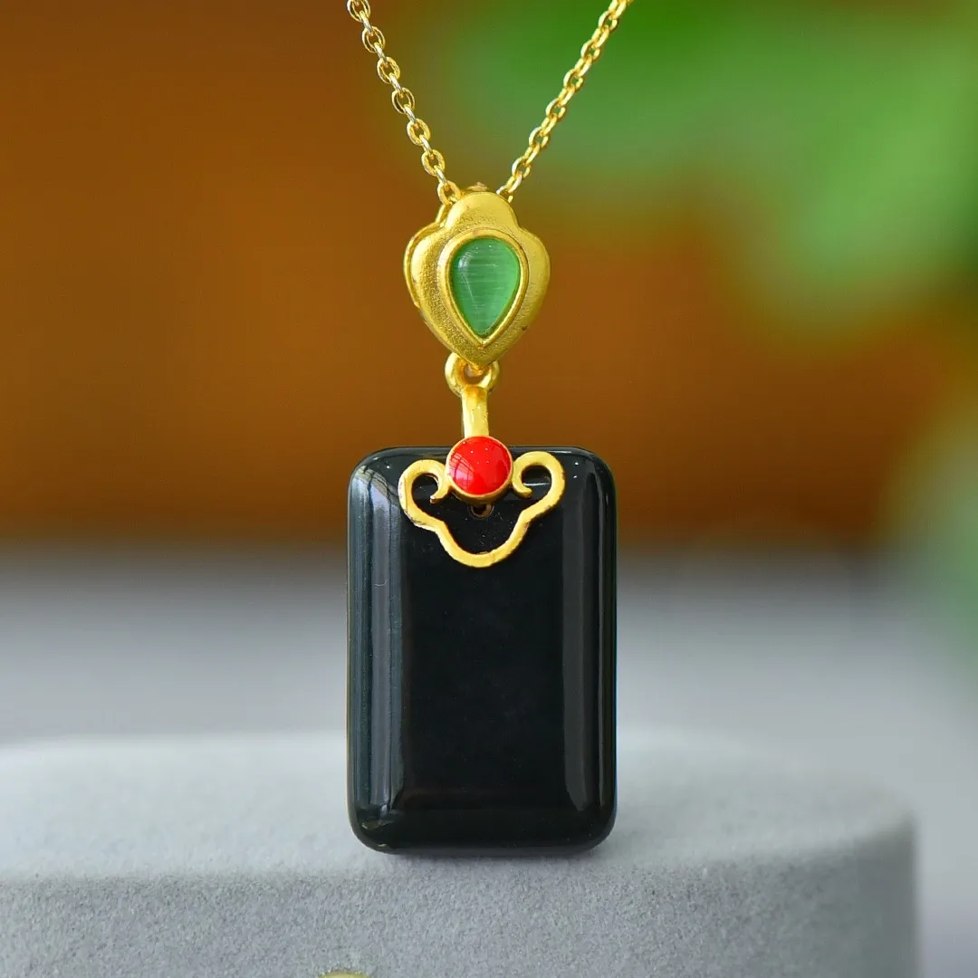 

Natural Black Jade Rectangle Pendant With Green Emerald Ruby Copper Necklace Women Fine Jewelry Hetian Jades Nephrite Necklaces