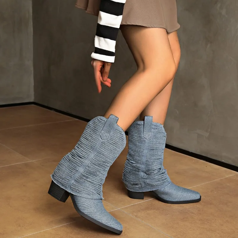 AJGS/женские ботинки на платформе в стиле вестерн осень 2024 плиссированные синие