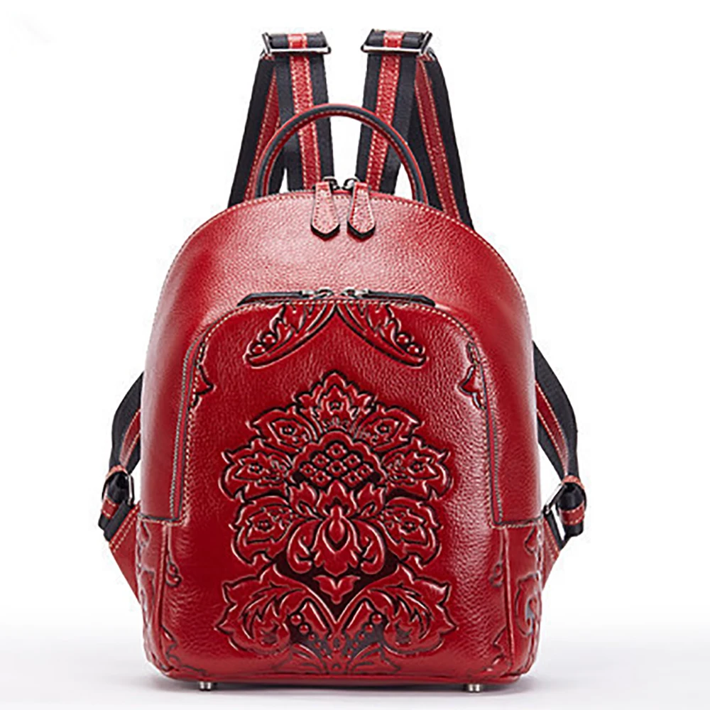 Woman Genuine Leather Backpack Bags For Girls Flower Handbag Luxury Designs Female Retro Package High Capacity Drop Shipping