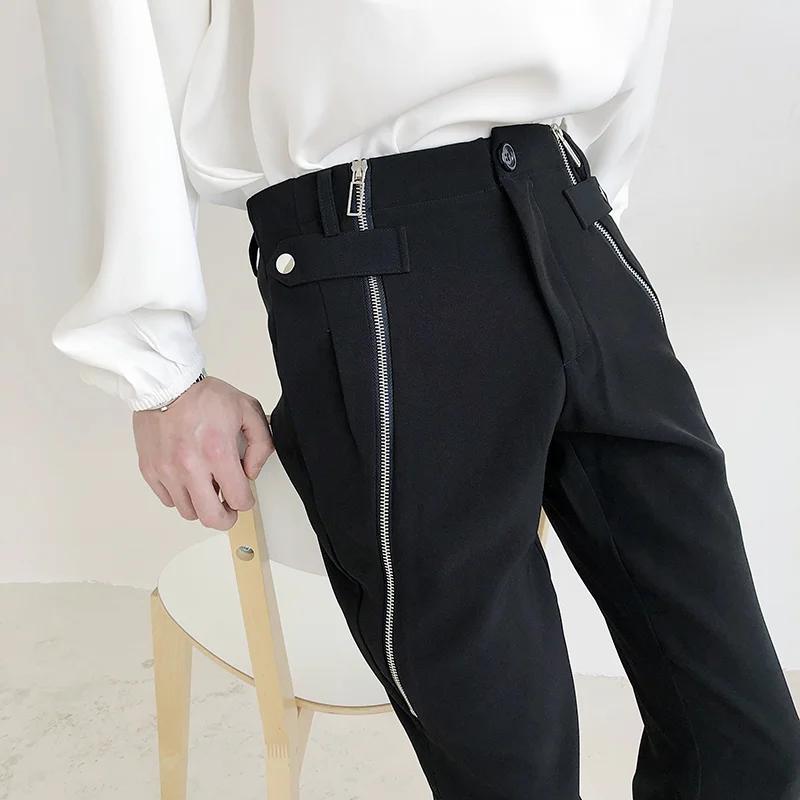 

Free Shipping New fashion casual men's male Original zipper design sense cropped pants slim drape stylist pants trend trousers