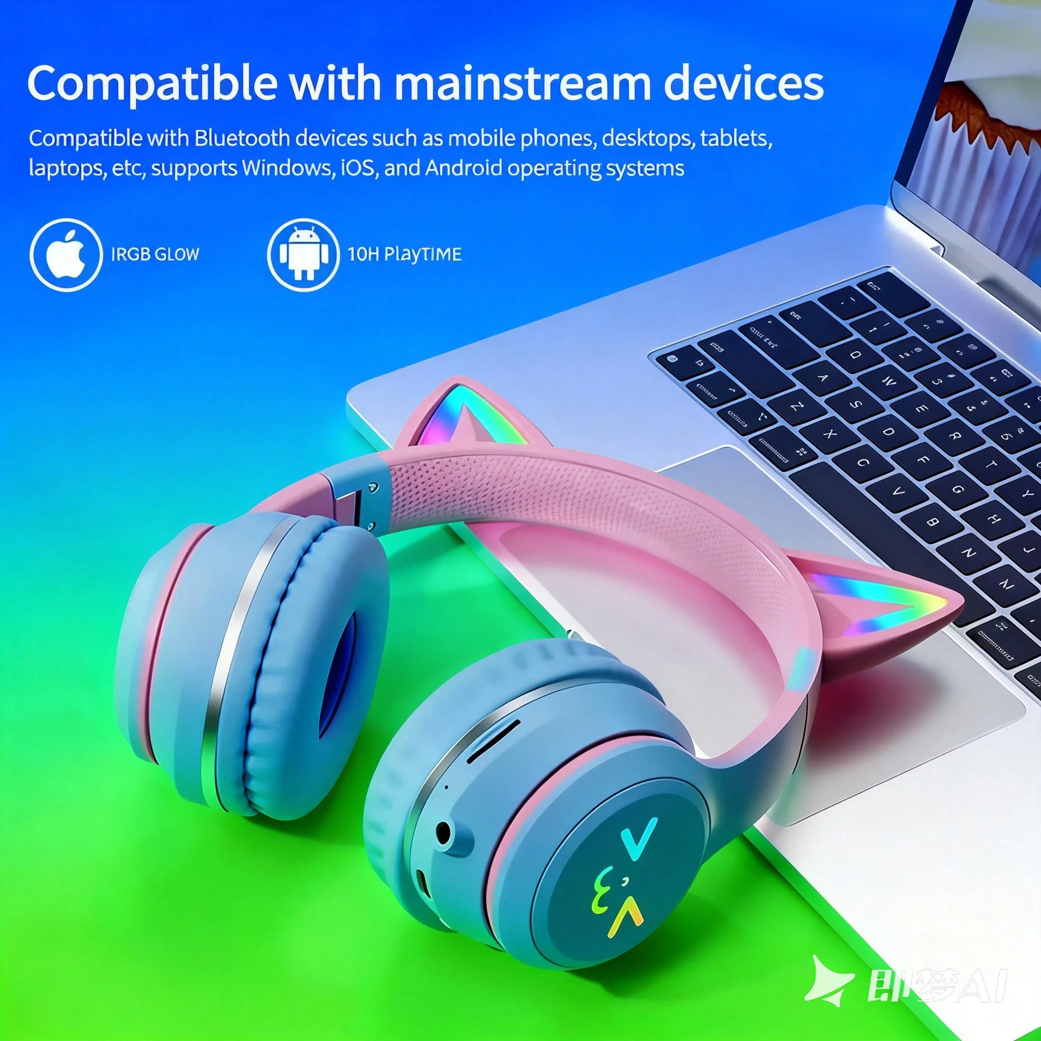 Фото Новые беспроводные игровые наушники 2026 года с RGB-подсветкой в виде кошачьих ушей, Bluetooth 5.3, с микрофоном и MP3-плеером для спорта и игр, для девушек, хит продаж №1