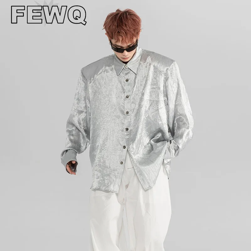 

FEWQ Satin Shiny Men's Long Sleeve Shirts Korean Fashion Male Casual Cardigan Autumn Niche Design Trendy Solid Color Top 24B3222