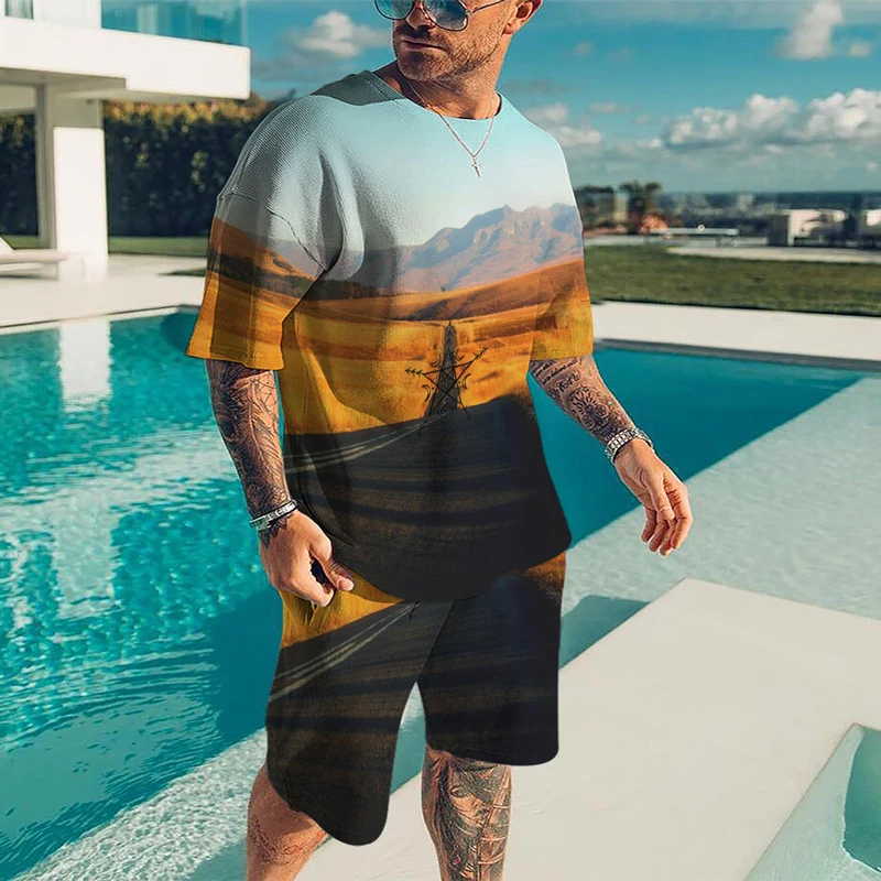 Summer men's casual street beach shorts set 3D printing color sports landscape pattern round neck street short sleeve two-piece