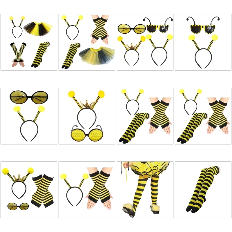 

HXBA Bee Costume Set Bee Ears Headband Sleeve Tutu Eyeglasses Socks for Kids Adult