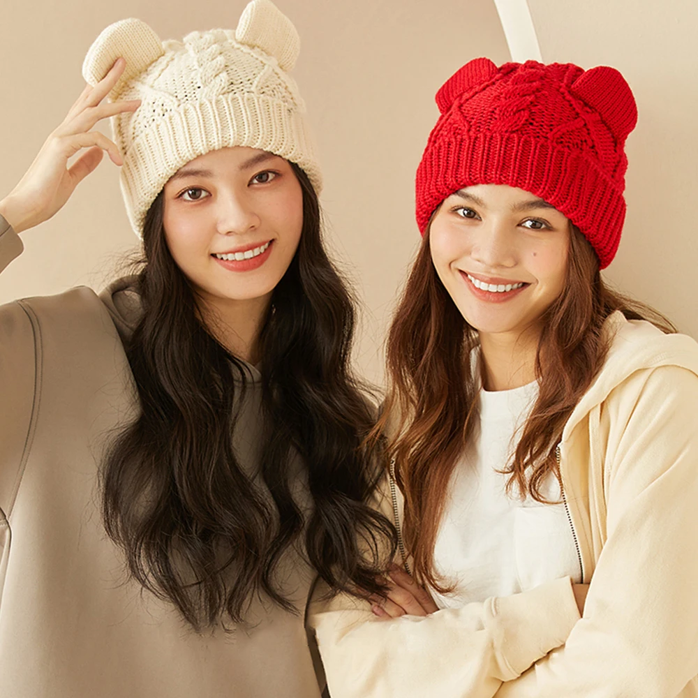 

OhSunny Bear Ears Cashmere Winter Hat For Women Wool Knitted Beanies Unisex Solid Cute Knit Bonnet Autumn Warm Skullies