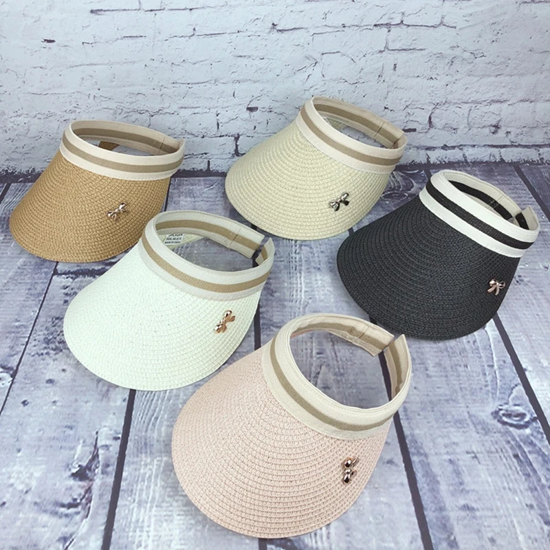 

Women's Handmade Straw Visor Caps Summer Empty Top Beach Hat Bowknot Decoration Hats White Black Color Girls Birthday Gifts