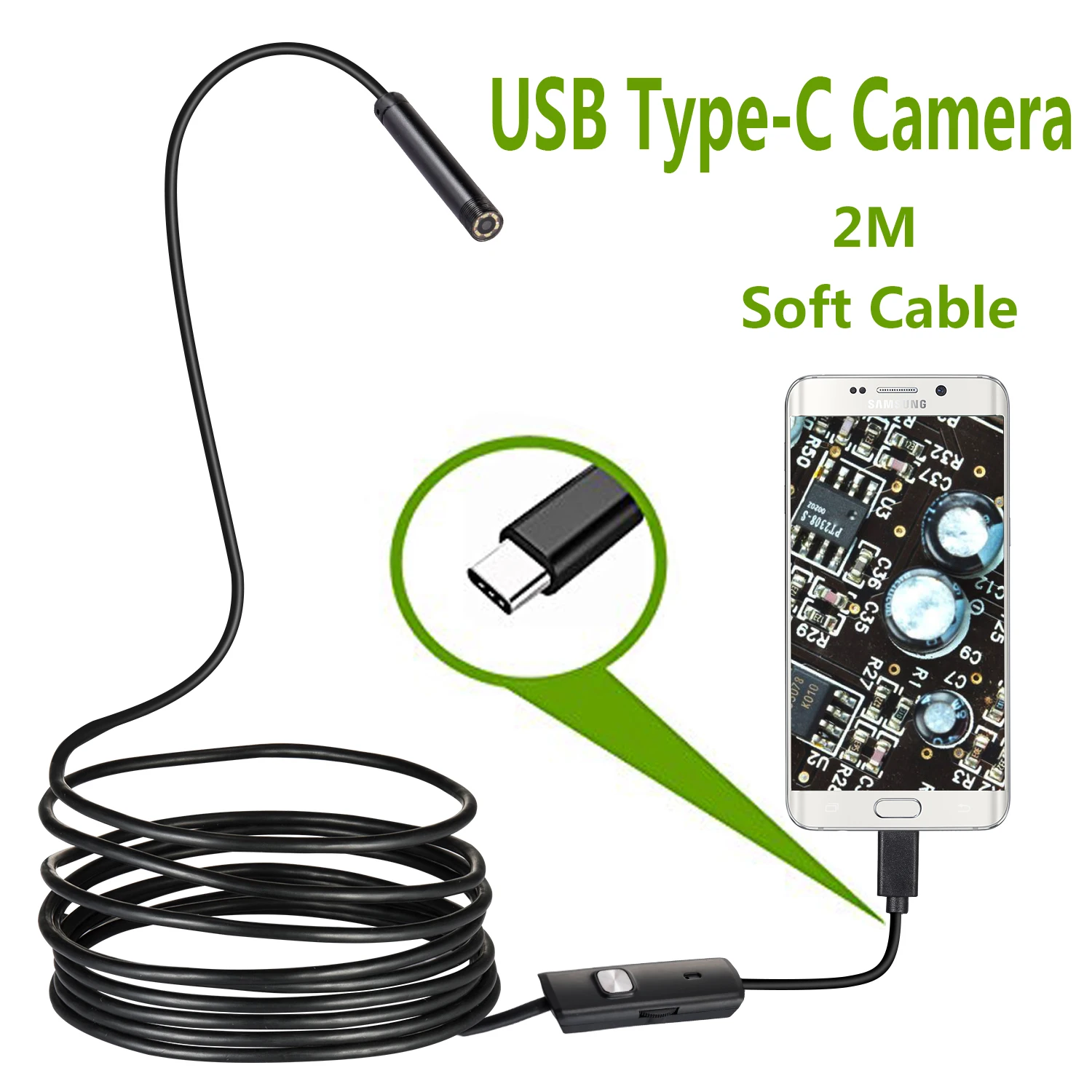 

Newest 7.0mm USB Type-C Endoscope Camera Android PC 2m Flexible Snake Inspection Scope Borescope Camera with 6LEDs Adjustable