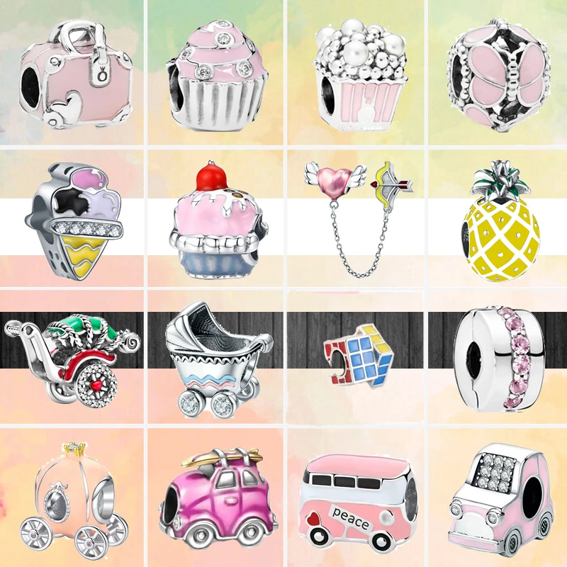 

New Peace Car Handbag Rubik's Cube Baby Carriage Pink Beads Fit Original Pandora Charms Silver Color Bracelet Women Jewelry Gift