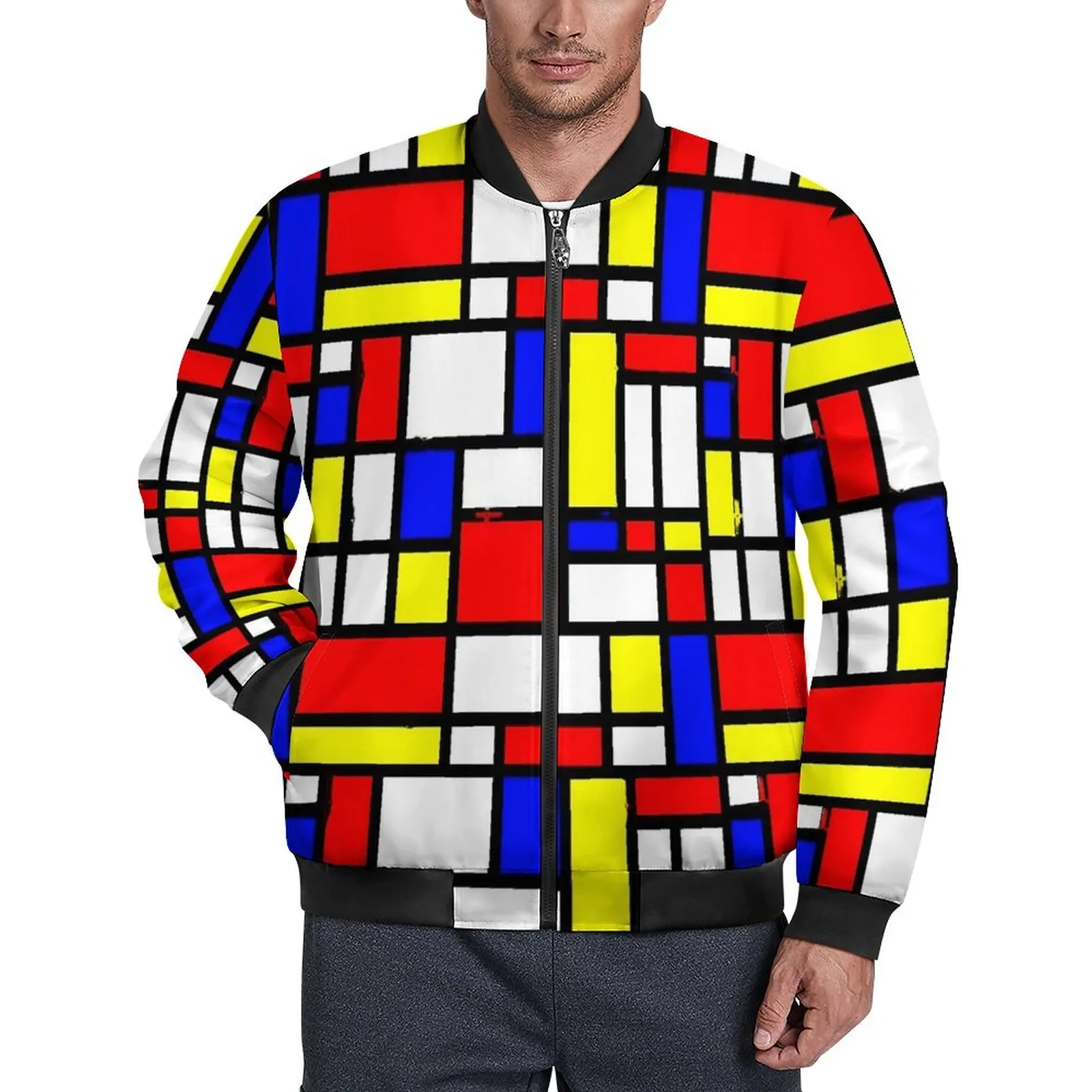 

Geomatric Patchwork Print Jackets Winter Color Block Street Style Casual Coats Man Zip Up Loose Windbreakers Big Size Jacket