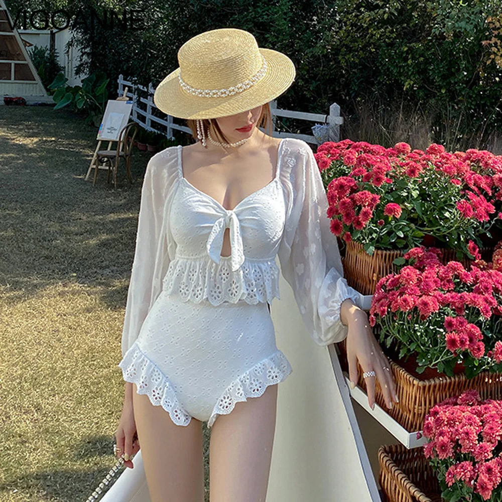 

VigoAnne White Long Sleeve Swimwear Women 2022 Push UP Verge One Piece Swimsuit Korean Monokini Backless Hollow Bathing Suit